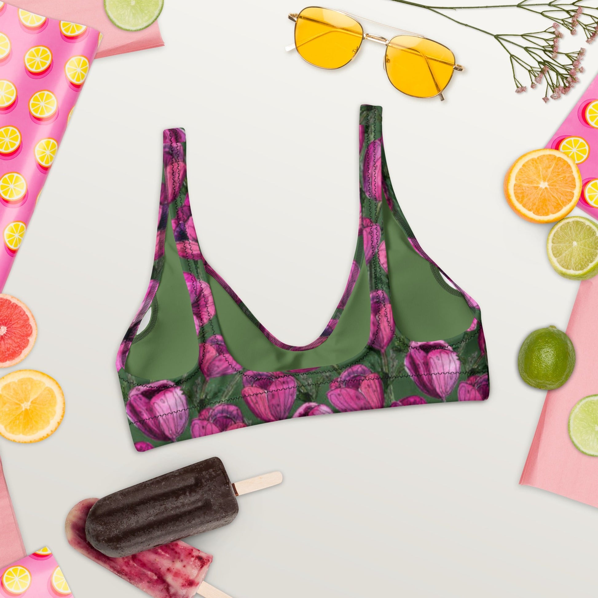 Recycled padded bikini top, Pink Green Floral Bikini, Cute Summer Bikini - PratSN