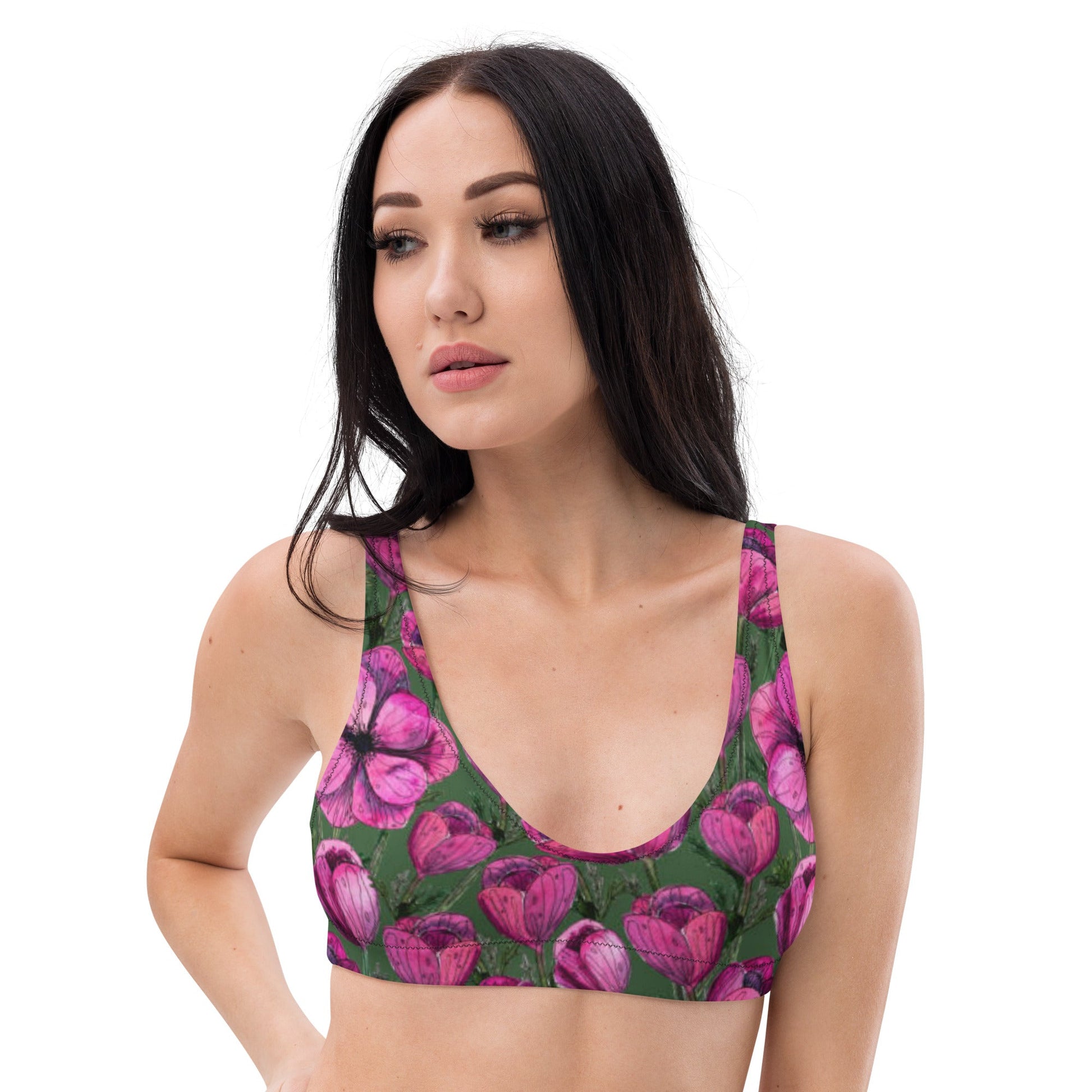 Recycled padded bikini top, Pink Green Floral Bikini, Cute Summer Bikini - PratSN
