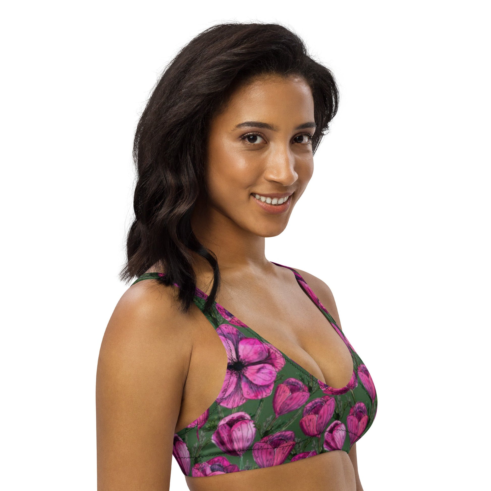 Recycled padded bikini top, Pink Green Floral Bikini, Cute Summer Bikini - PratSN