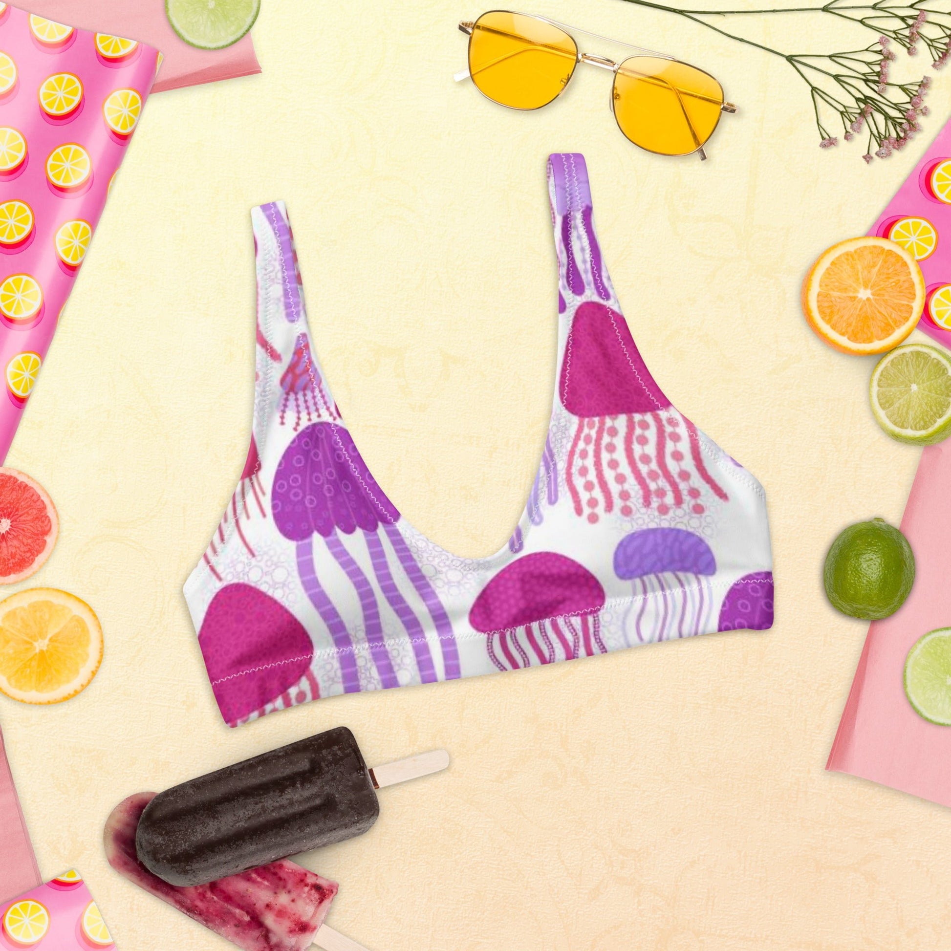 Recycled padded bikini top, Pink Purple White outfit, Jelly fish Pattern, Cute Summer Bikini - PratSN