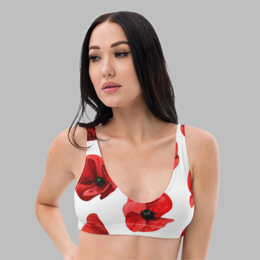 Recycled padded bikini top, Red White Floral outfit, Cute Summer Bikini - PratSN