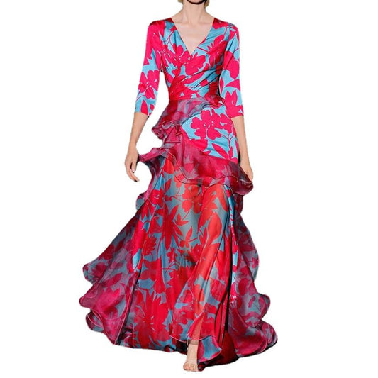 Red Digital Printed Long Dress - PratSN
