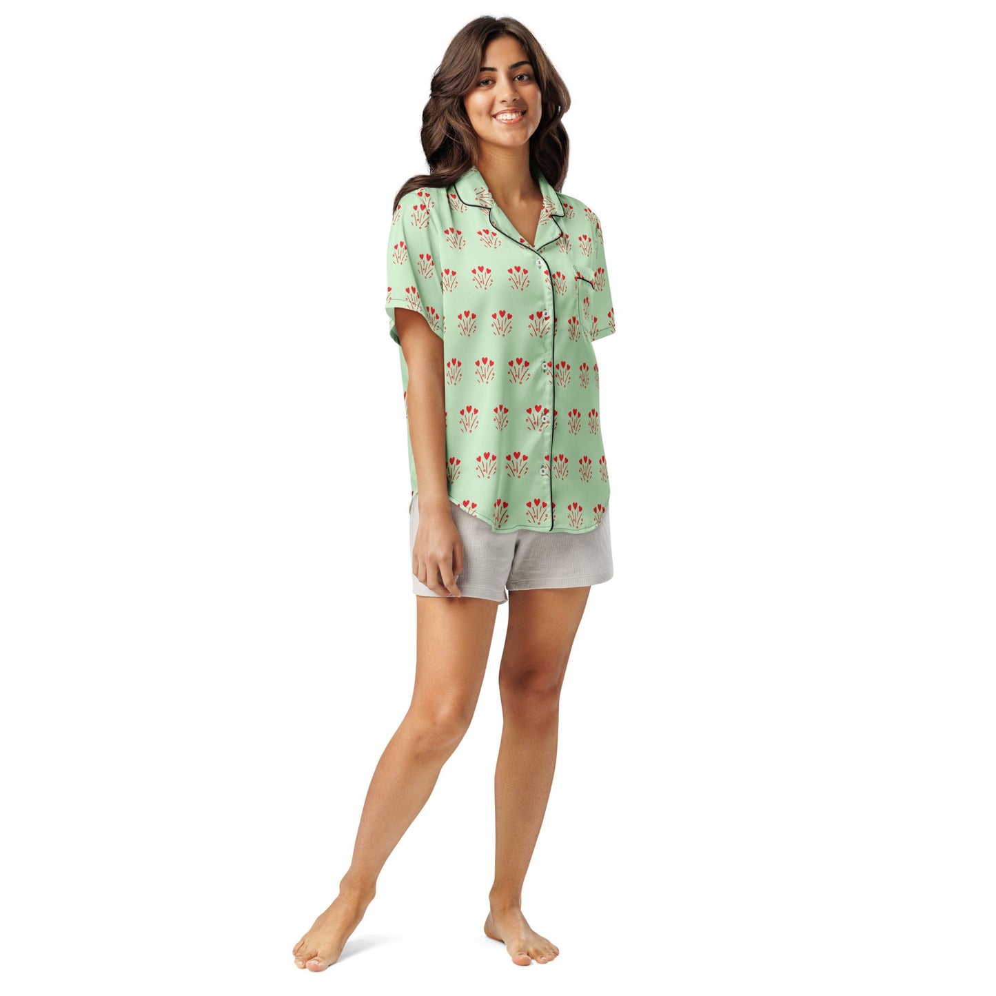 Red heart pattern - all - over print women’s short sleeve pajama top - PratSN