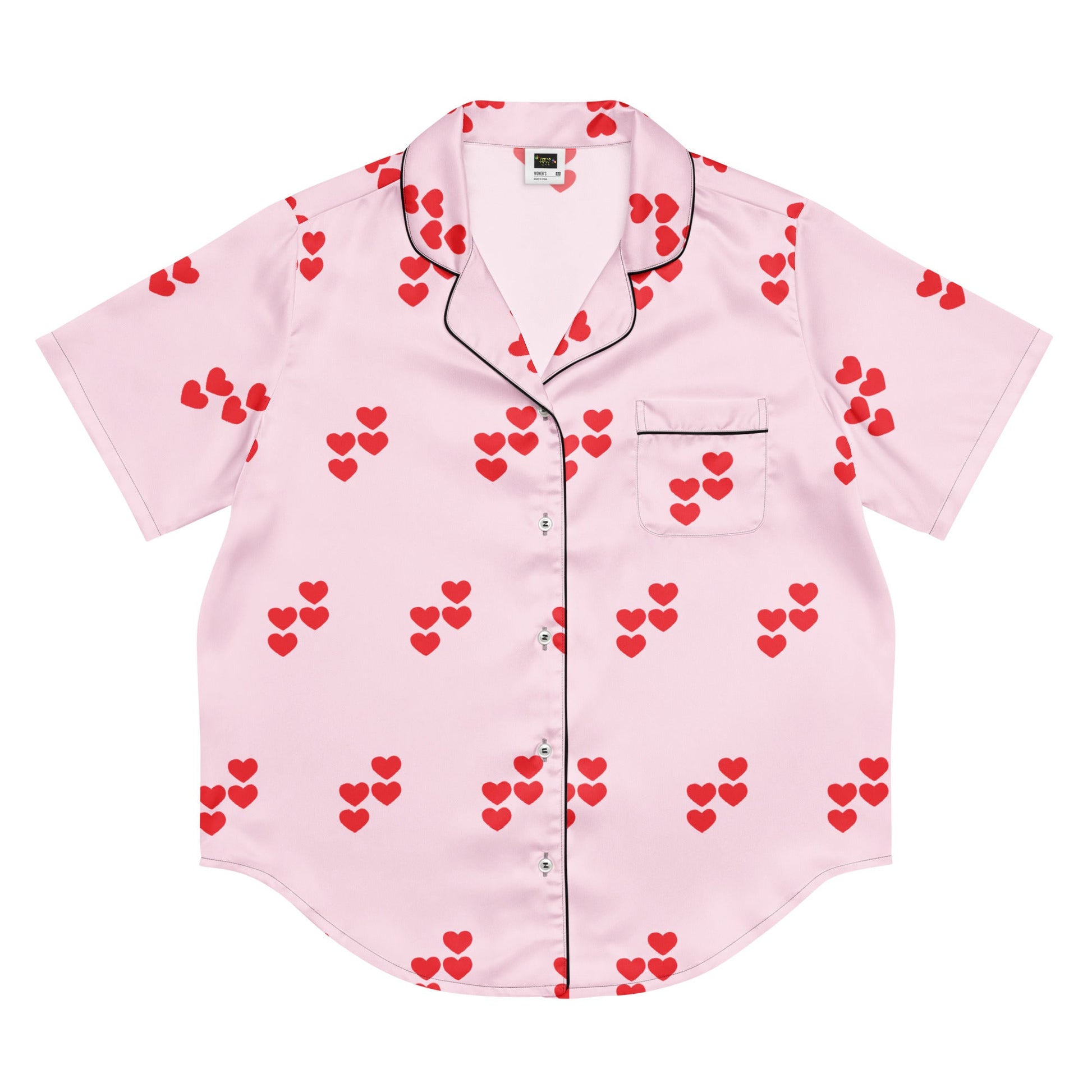 Red heart pattern pink all - over print women’s short sleeve pajama top - PratSN