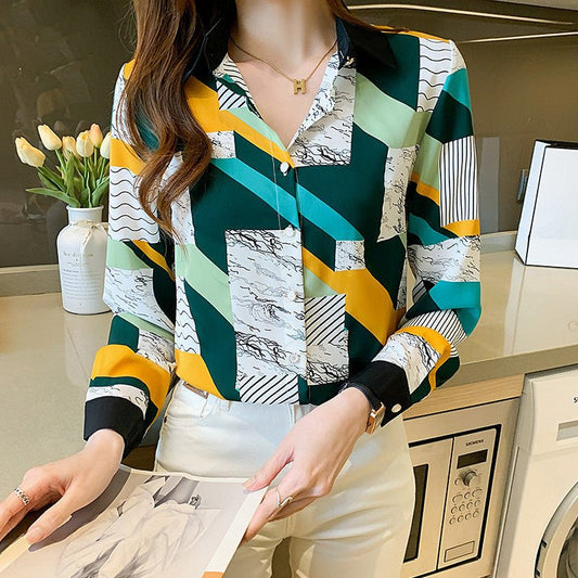 Retro Hong Kong - style Long - sleeved Chiffon Shirt - PratSN