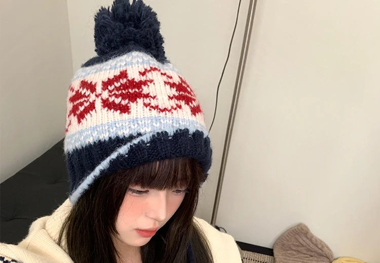 Retro Jacquard Warm Knitted Hat For Women Autumn And Winter Casual Versatile Cold - Proof Ear - Covering Beanie - PratSN