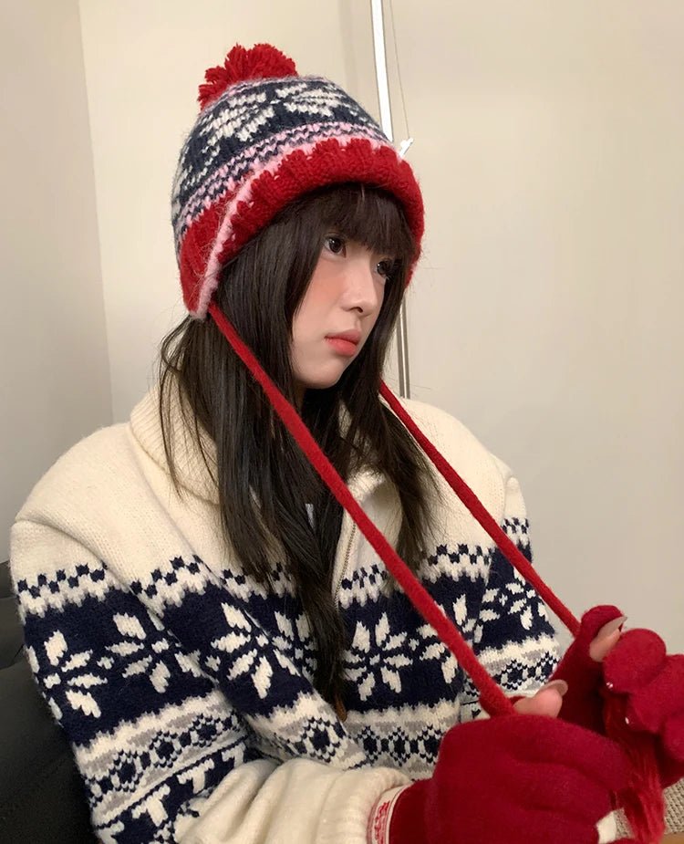 Retro Jacquard Warm Knitted Hat For Women Autumn And Winter Casual Versatile Cold - Proof Ear - Covering Beanie - PratSN