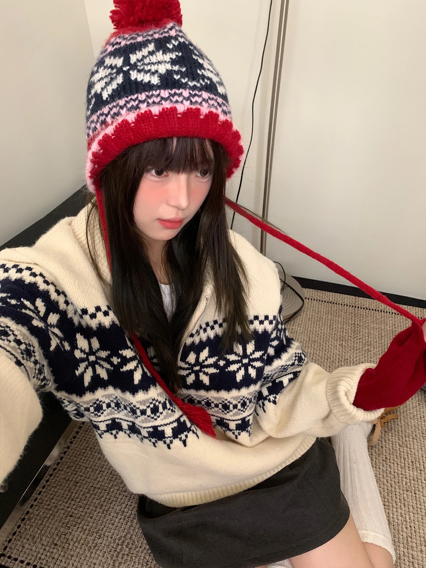 Retro Jacquard Warm Knitted Hat For Women Autumn And Winter Casual Versatile Cold - Proof Ear - Covering Beanie - PratSN