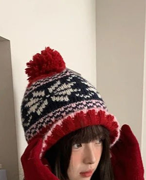Retro Jacquard Warm Knitted Hat For Women Autumn And Winter Casual Versatile Cold - Proof Ear - Covering Beanie - PratSN