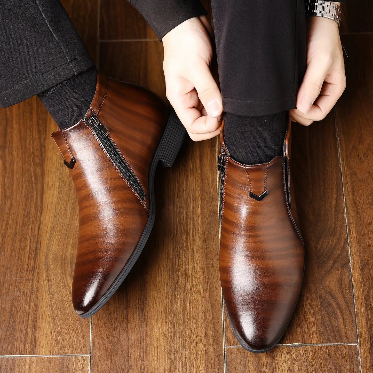 Retro Men Ankle Boots Luxury High - top Men Leather Shoes High Quality Non - Slip Motorcycle Boots Fashion Zipper Men Boots Big Size - PratSN