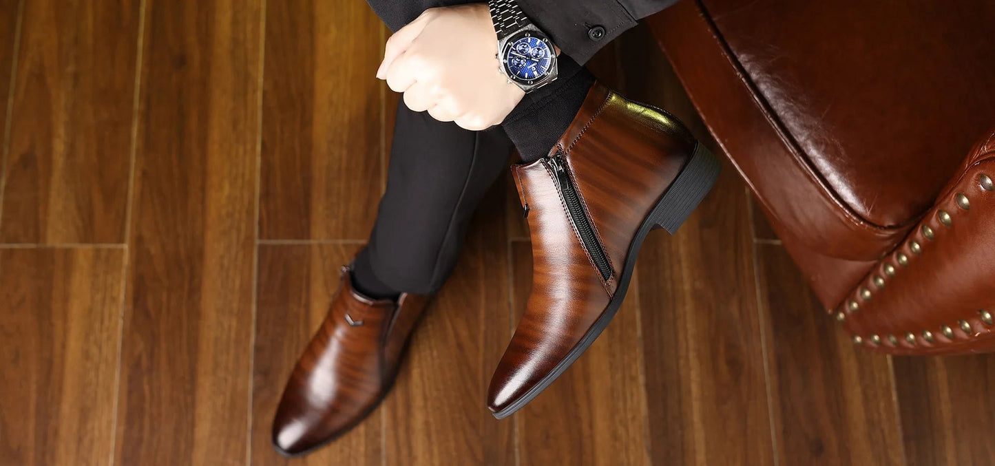 Retro Men Ankle Boots Luxury High - top Men Leather Shoes High Quality Non - Slip Motorcycle Boots Fashion Zipper Men Boots Big Size - PratSN