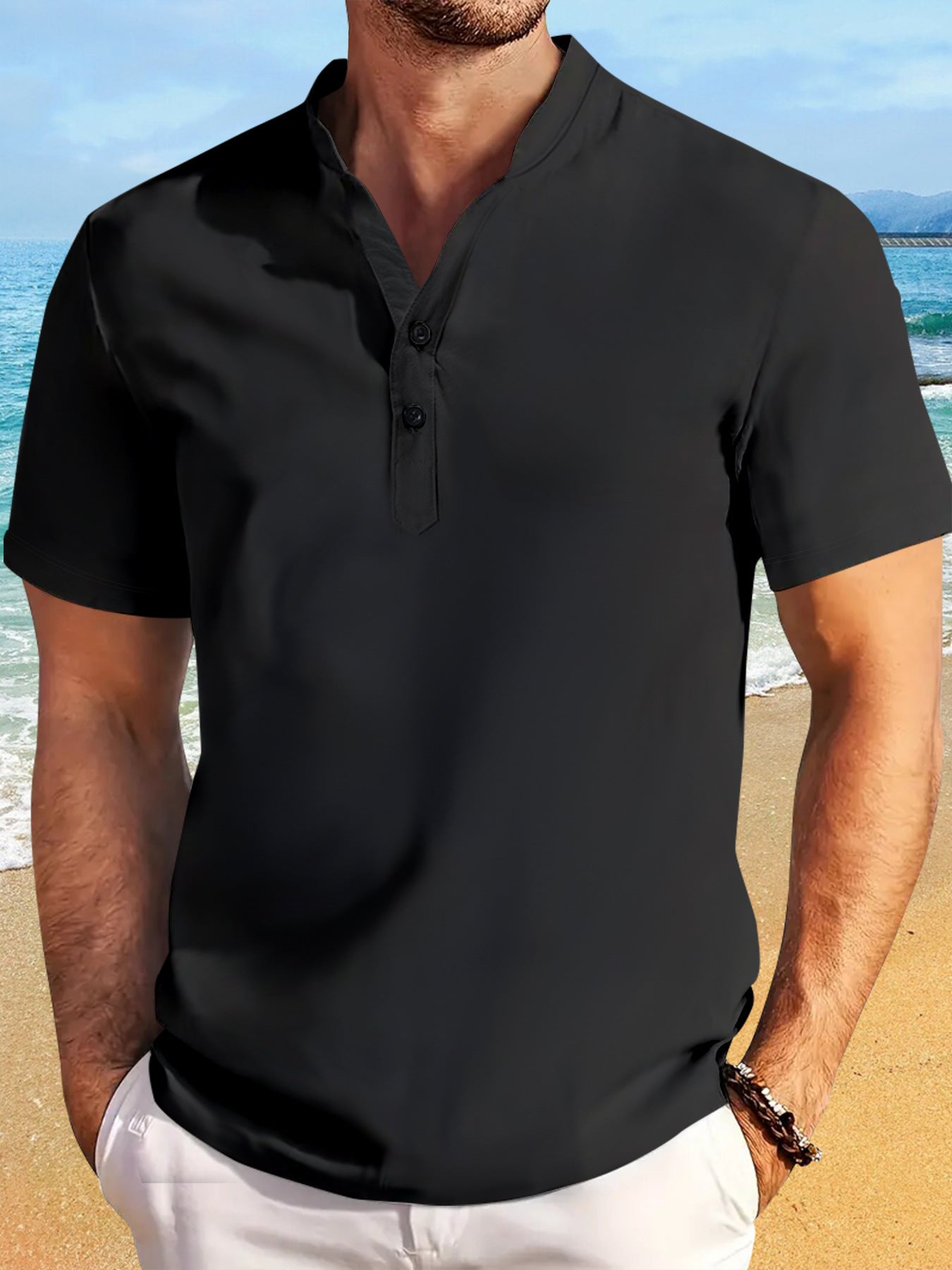 Retro Short Sleeve Stand Collar Casual Henley Shirt Top - PratSN