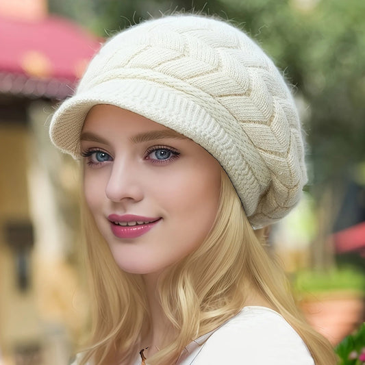 Retro women's winter warm knitted cap, cold weather running, camping, walking fashionable skiing cap with sun hat - PratSN