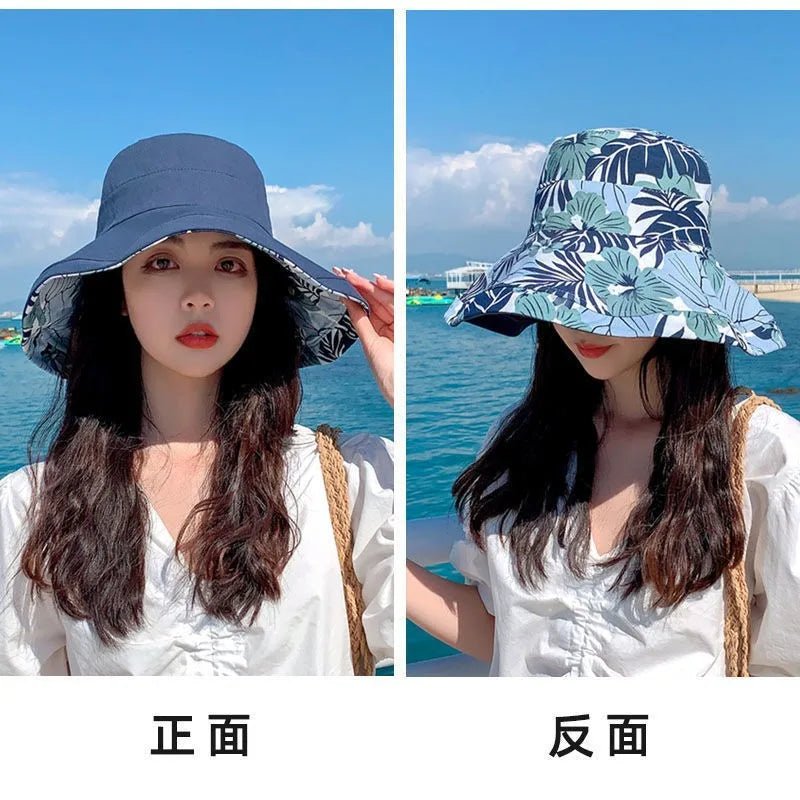 Reversible Foldable Cotton Sun Hat for Women Summer Wide Brim UV Protection Panama Beach Bucket Hat Ladies Girls Outdoor Sea Hat - PratSN