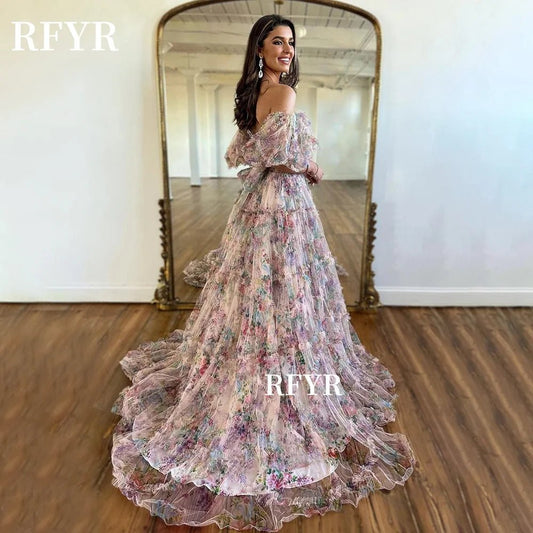 RFYR Floral Prom Dress Princess Off Shoulder Party Dress Rufles Evening Vestidos - PratSN