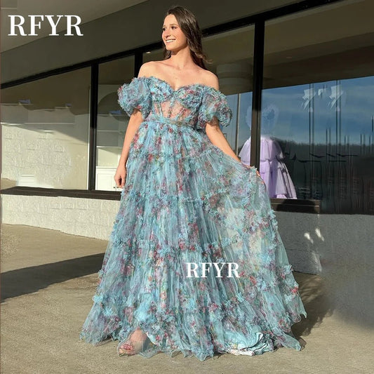 RFYR Floral Prom Dress Princess Off Shoulder Party Dress Rufles Evening Vestidos - PratSN