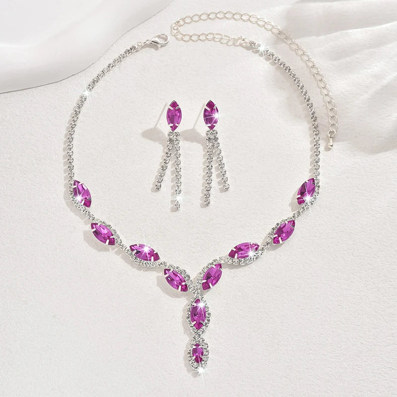 Rhinestone Necklace Set/Necklace And Earrings Design Fashion Exquisite/color Mix/red/blue/silver And Other Options - PratSN