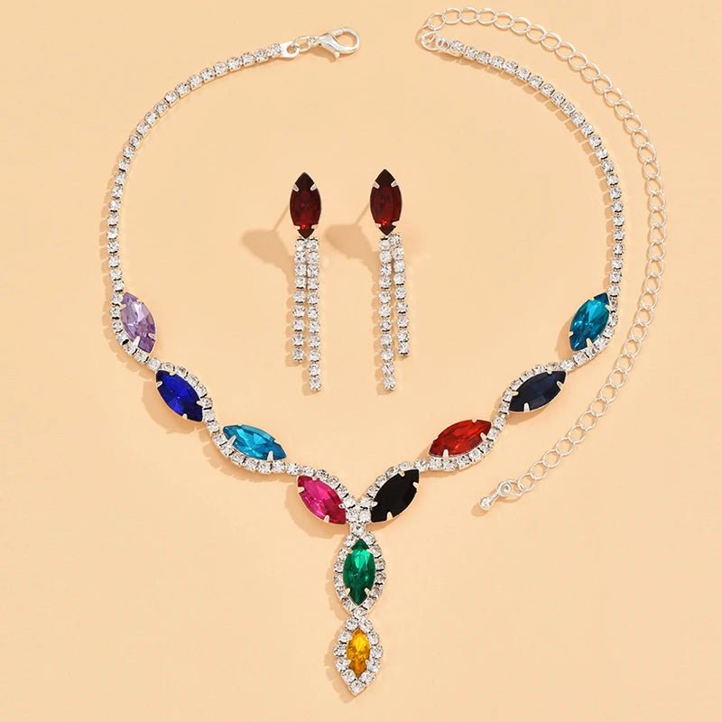 Rhinestone Necklace Set/Necklace And Earrings Design Fashion Exquisite/color Mix/red/blue/silver And Other Options - PratSN
