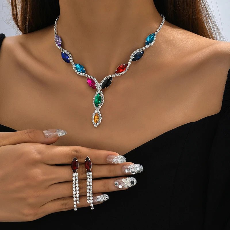 Rhinestone Necklace Set/Necklace And Earrings Design Fashion Exquisite/color Mix/red/blue/silver And Other Options - PratSN