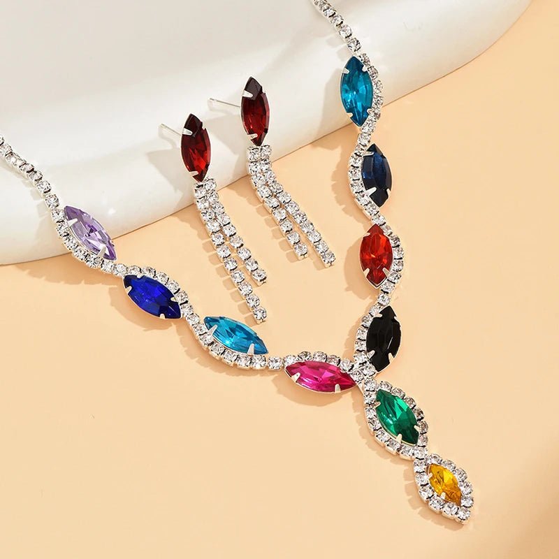 Rhinestone Necklace Set/Necklace And Earrings Design Fashion Exquisite/color Mix/red/blue/silver And Other Options - PratSN