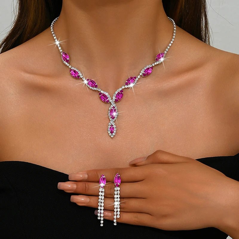 Rhinestone Necklace Set/Necklace And Earrings Design Fashion Exquisite/color Mix/red/blue/silver And Other Options - PratSN