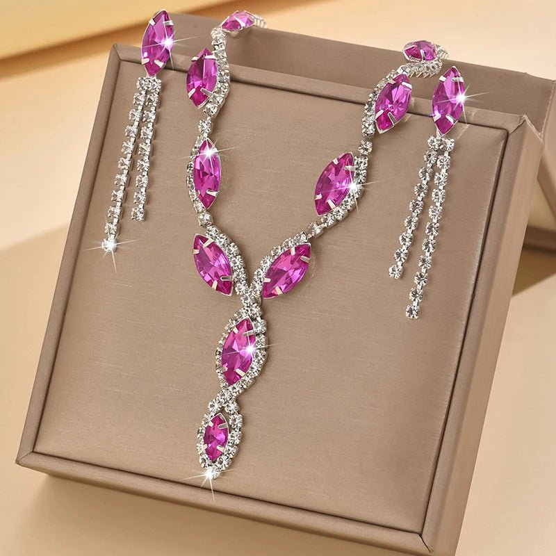 Rhinestone Necklace Set/Necklace And Earrings Design Fashion Exquisite/color Mix/red/blue/silver And Other Options - PratSN