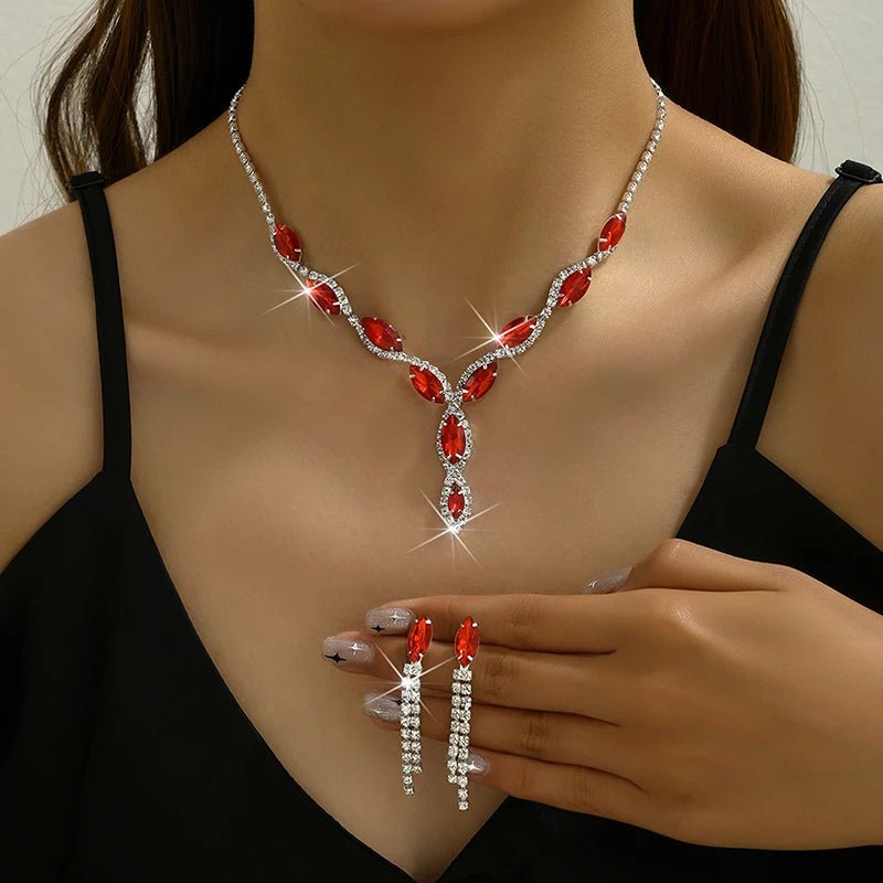 Rhinestone Necklace Set/Necklace And Earrings Design Fashion Exquisite/color Mix/red/blue/silver And Other Options - PratSN