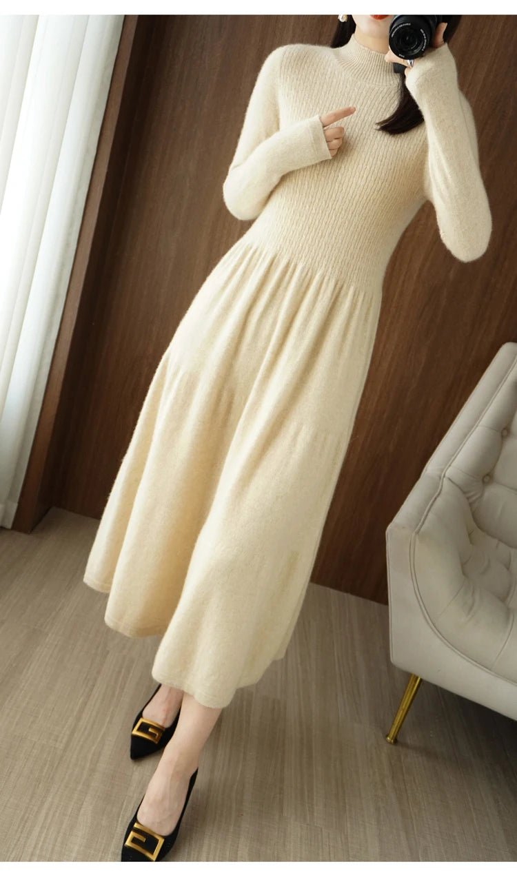 RONGYI Elegant Fashion Dresses Cashmere Sweater Knitted Long Dress 1O0% Merino Wool Women Turtleneck Office Skirt Autumn Winter - PratSN