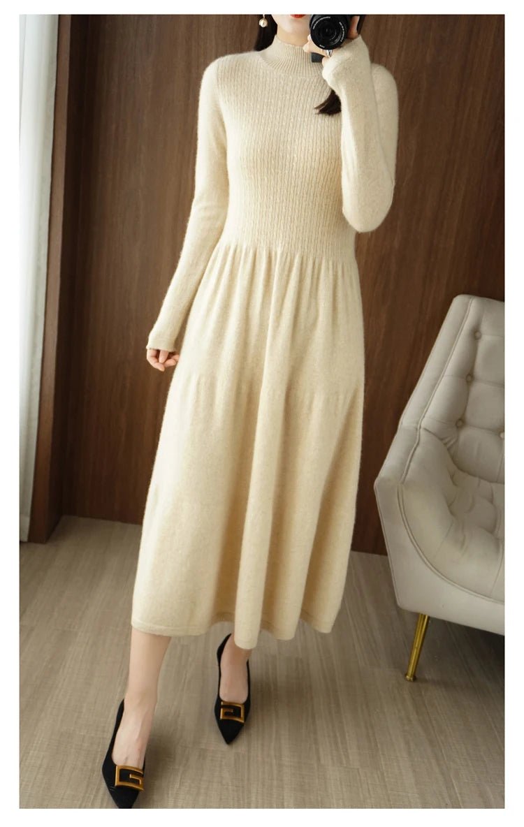 RONGYI Elegant Fashion Dresses Cashmere Sweater Knitted Long Dress 1O0% Merino Wool Women Turtleneck Office Skirt Autumn Winter - PratSN
