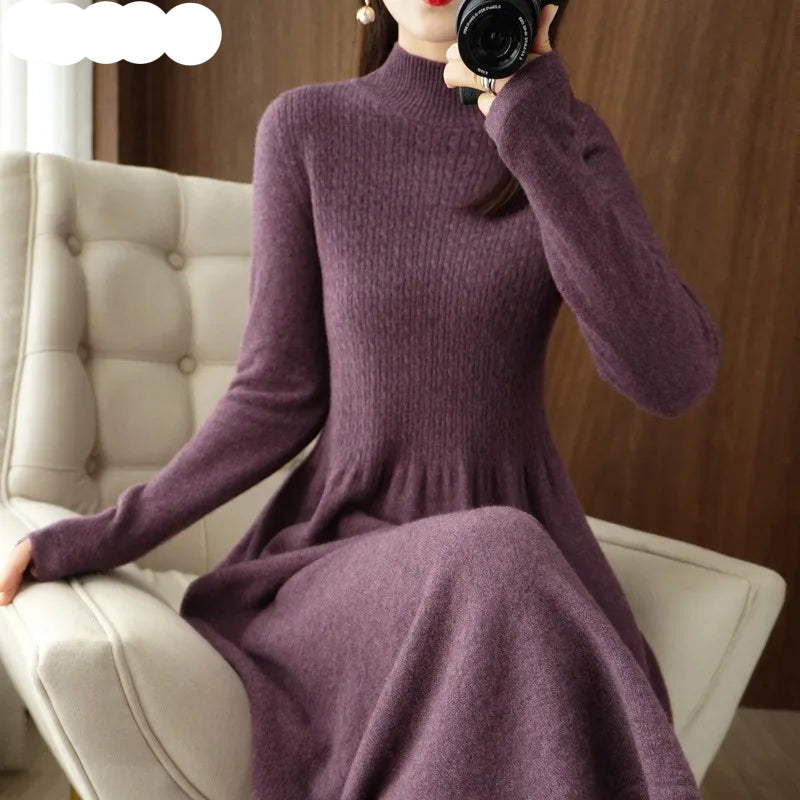 RONGYI Elegant Fashion Dresses Cashmere Sweater Knitted Long Dress 1O0% Merino Wool Women Turtleneck Office Skirt Autumn Winter - PratSN