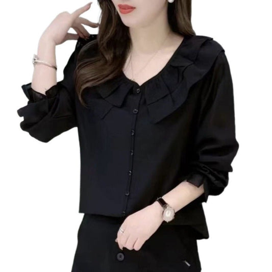 Round Neck Lace Solid Color Slimming Long - sleeved Shirt - PratSN