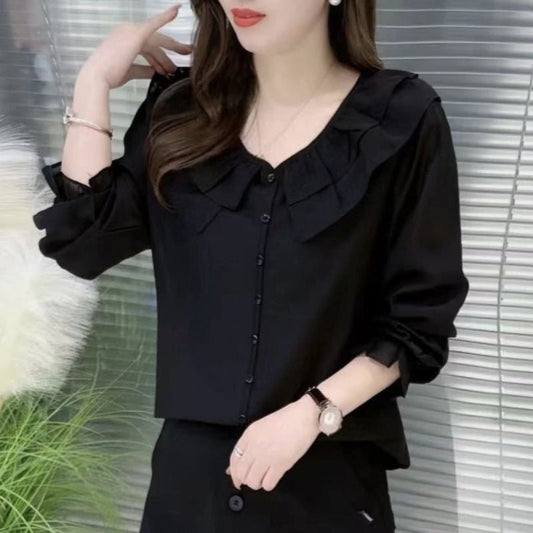 Round Neck Lace Solid Color Slimming Long - sleeved Shirt - PratSN