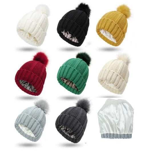Satin Lined Winter Hat For Women Men Beanie Fashion Fur Ball Pompom Knitted Silk Caps For Men Female Wool Crochet Satin Bonnet - PratSN