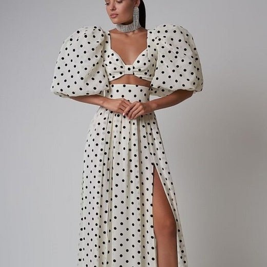 Seaside Vacation Sexy Polka Dot Split Top Mid - length Dress Set - PratSN