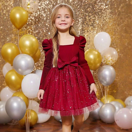 Sequin Dress for Girls Red/Geen Christmas Costume Elegant Sweet Autumn Winter Christmas New Year Full Sleeve Kids Party Dresses - PratSN