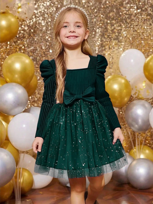 Sequin Dress for Girls Red/Geen Christmas Costume Elegant Sweet Autumn Winter Christmas New Year Full Sleeve Kids Party Dresses - PratSN