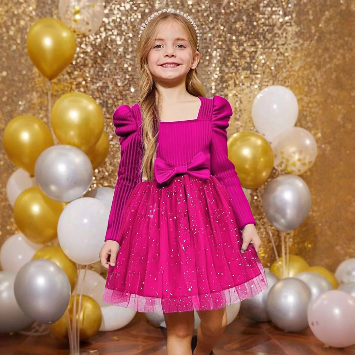 Sequin Dress for Girls Red/Geen Christmas Costume Elegant Sweet Autumn Winter Christmas New Year Full Sleeve Kids Party Dresses - PratSN