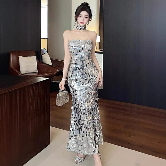 Sequin Engagement Evening Dress For Toasting High - end Light Luxury High - end Host Fishtail Strapless Dress - PratSN
