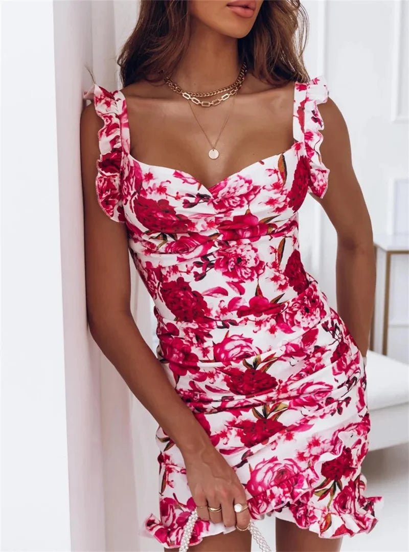 Sexy Dresses for Women Date Night - V - Neck Sleeveless Ruffle Floral Printed Sundress Casual Bodycon Dress - PratSN