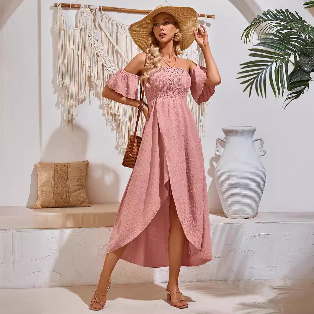 Sexy Off - shoulder Slit Dress Summer Fashion Pleated Ruffle Long Dresses For Beach Womens Clothing - PratSN