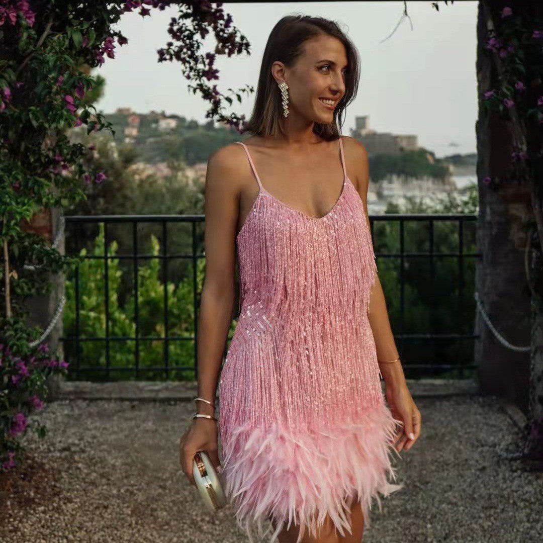 Sexy Tassel Sequins Feather Summer Mini Dress Women V Neck Spaghetti Strap Stitching Dresses Female Elegant Evening Party Club Dress - PratSN