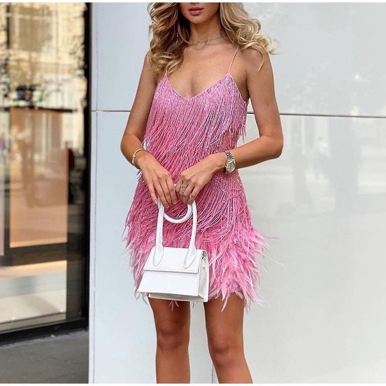 Sexy Tassel Sequins Feather Summer Mini Dress Women V Neck Spaghetti Strap Stitching Dresses Female Elegant Evening Party Club Dress - PratSN