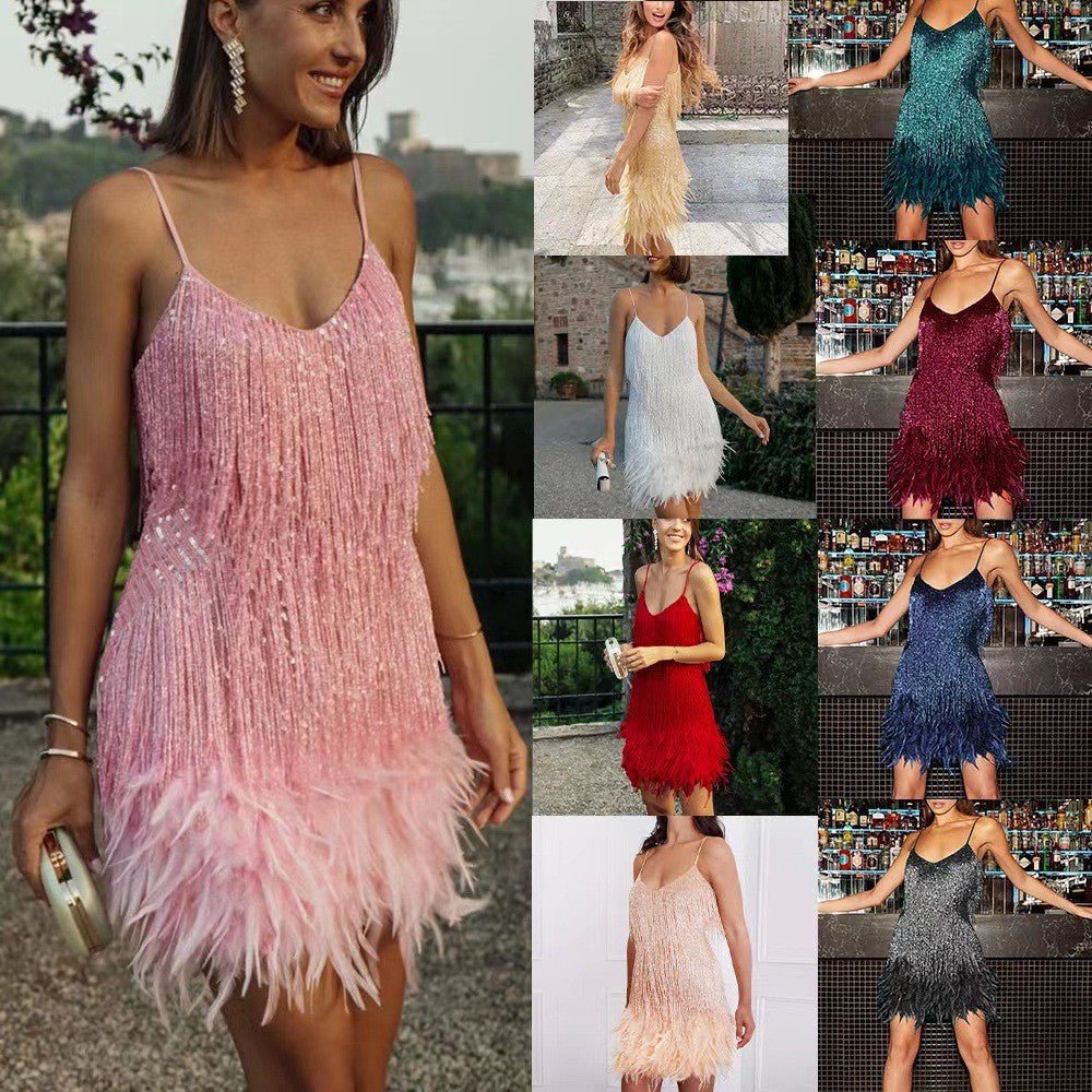 Sexy Tassel Sequins Feather Summer Mini Dress Women V Neck Spaghetti Strap Stitching Dresses Female Elegant Evening Party Club Dress - PratSN