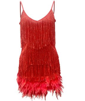 Sexy Tassel Sequins Feather Summer Mini Dress Women V Neck Spaghetti Strap Stitching Dresses Female Elegant Evening Party Club Dress - PratSN