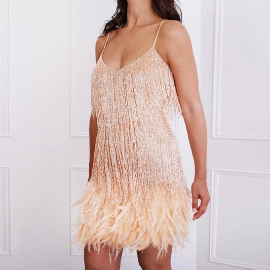 Sexy Tassel Sequins Feather Summer Mini Dress Women V Neck Spaghetti Strap Stitching Dresses Female Elegant Evening Party Club Dress - PratSN