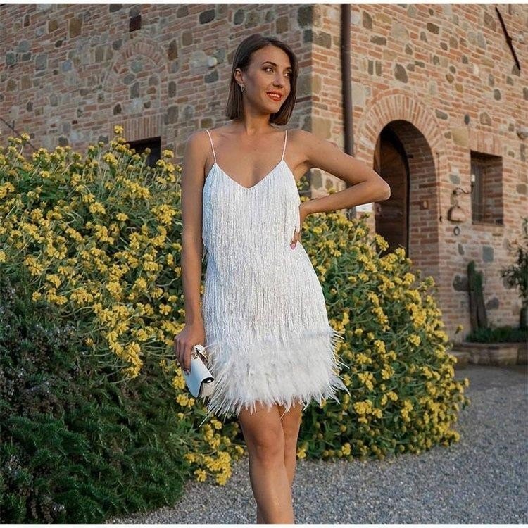 Sexy Tassel Sequins Feather Summer Mini Dress Women V Neck Spaghetti Strap Stitching Dresses Female Elegant Evening Party Club Dress - PratSN