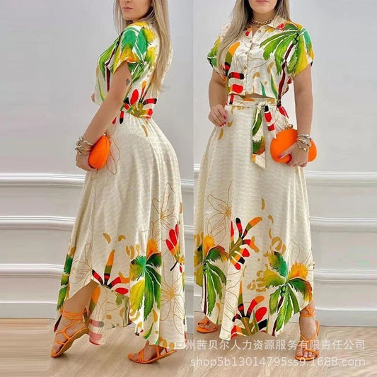 Shirt Top & Slit Skirt Set Dress Sets Women Tropical Print Long Skirt Crop Top Maxi Two Piece Set Work Summer Top Matching Sets - PratSN