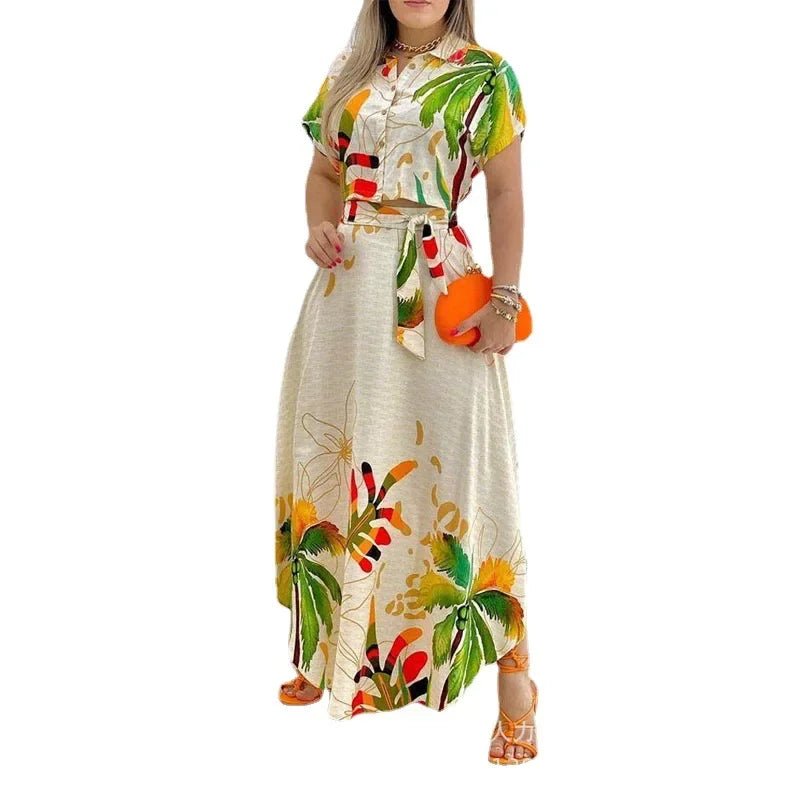 Shirt Top & Slit Skirt Set Dress Sets Women Tropical Print Long Skirt Crop Top Maxi Two Piece Set Work Summer Top Matching Sets - PratSN