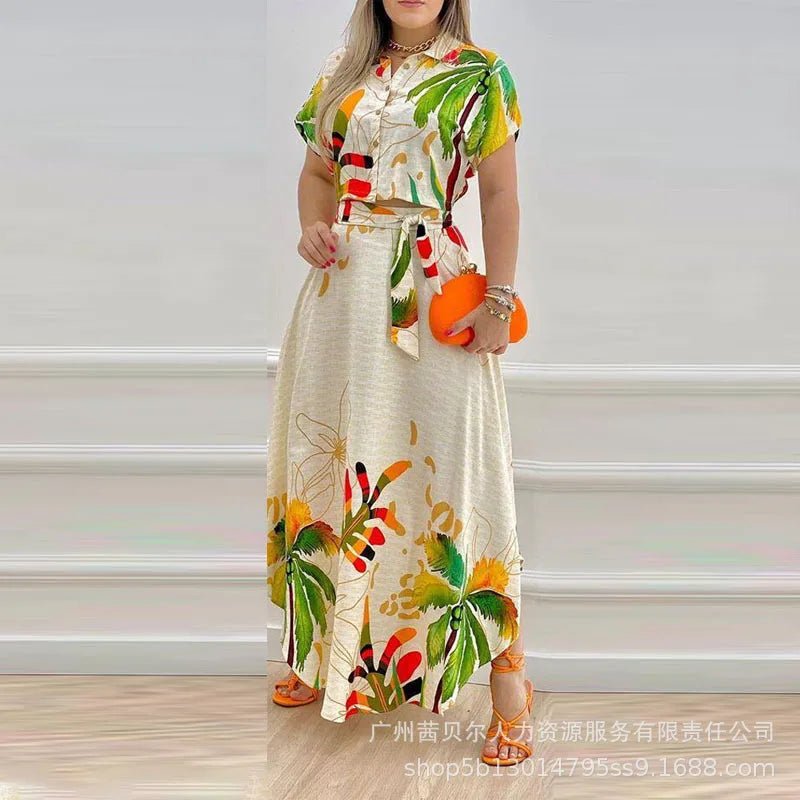 Shirt Top & Slit Skirt Set Dress Sets Women Tropical Print Long Skirt Crop Top Maxi Two Piece Set Work Summer Top Matching Sets - PratSN