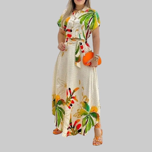 Shirt Top & Slit Skirt Set Dress Sets Women Tropical Print Long Skirt Crop Top Maxi Two Piece Set Work Summer Top Matching Sets - PratSN